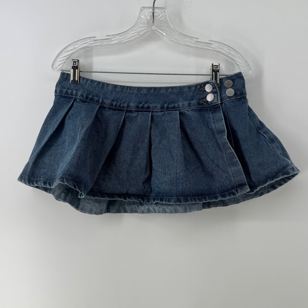Cider Women Blue Denim Pleated Mini Skirt Low Rise Double Button Size S